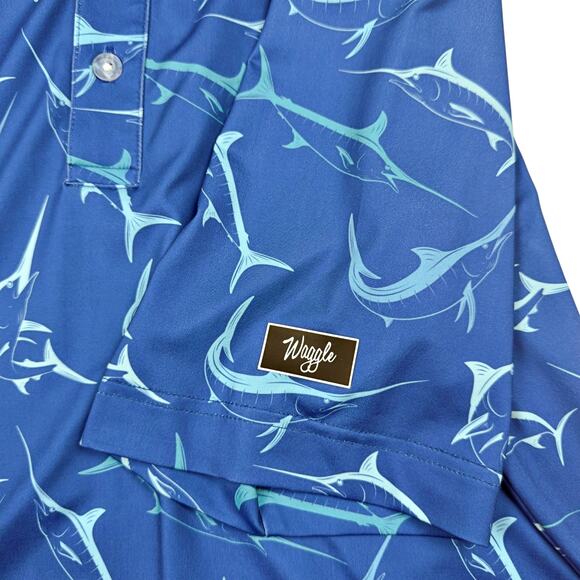 Waggle Blue Marlin Swordfish Fish Performance Golf Polo Shirt Mens L Wicking - Picture 5 of 7